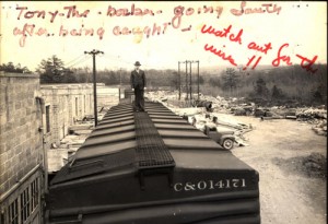 Photograph for documentation of an accident involving the conductor of the train and wiring above the cars, taken on April 18, 1947