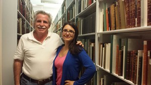 Luis Géigel and his daughter, Bianca Géigel Lonergan in the stacks where part of the Puerto Rican collection is located (06/18/2014).