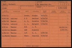 Cheney Brothers Silk Manufacturing Company employment card