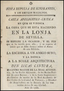 image of front cover of Book written by the architect Lucas Cintora defending his work at the Lonja de Sevilla which will housed the new Archivo General de Sevilla.