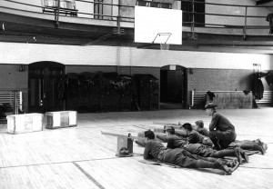 Cadets undergo marksmanship instruction inside Hawley Armory, 1920