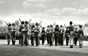 Company F-12, UConn Pershing Rifles performs during a Military Day ceremony sometime in the 1950s.