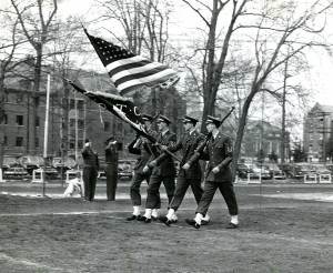 An Air Force ROTC Color Guard passes in review on Gardner Dow Field in 1952.