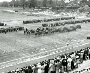 UConn Army and Air Force ROTC units assembled at Memorial Stadium for Military Day observances, 1955.