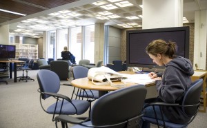 Kelley Friedhoff, an undecided freshman, sits in the new Learning Resource Center in the library which opens for students on 11/7.